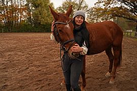 Training with the bay Oldenburg mare on a riding arena