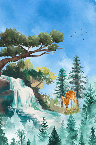 Aquarell-Waldlandschaft mit einem niedlichen Reh und einem Wasserfall