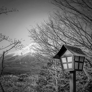 Traditional lantern in front of Fuji - Monochrome
