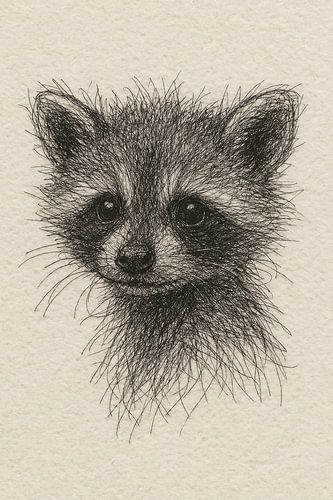 Wire portrait baby raccoon (playful sweet soft stuffed animal black wire realistic drawing )