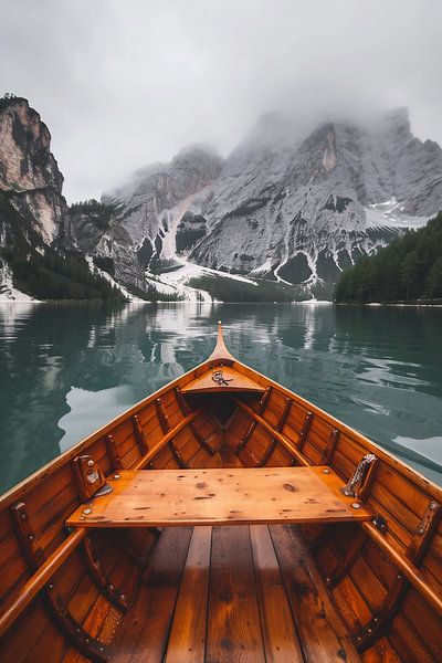 Idyllische boot op bergmeer van fernlichtsicht