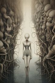 Landscape surreal abstract and bizarre with alien life and a woman