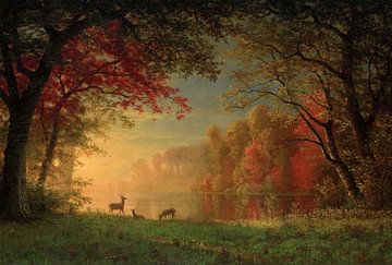 Albert Bierstadt,Indische zonsondergang, Deer door een meer, 188