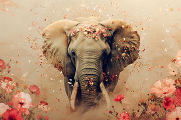 Bloesemomhelzing - Olifant in Pastel Paradijs - beige roze van Eva Lee