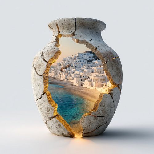 Beach and sea in Greece in a cracked vase
