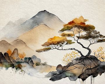 Japandi Art schilderij: Japans ZEN Berglandschap van Studio Pieternel