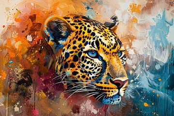Kleurrijk abstract schilderij van een luipaard van De Muurdecoratie