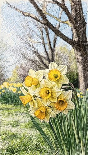 DAFFODIL SCRIBBLE ART POTLOODTECHNIEK - METALEN POSTER