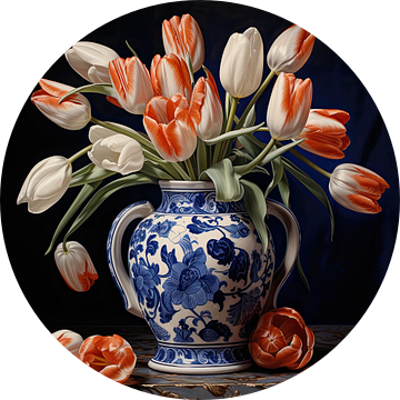 Delfts blauwe vaas met rood witte tulpen van Vlindertuin Art