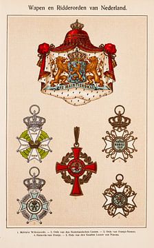 Antieke kleurenplaat Wapen en Ridderorden van Nederland van Studio Wunderkammer