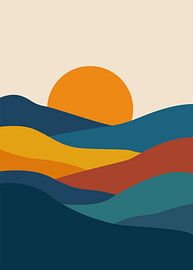 Minimalistische Boho-Landschaftsbilder mit mehrschichtigen Bergen, Sonnen und Erdtönen