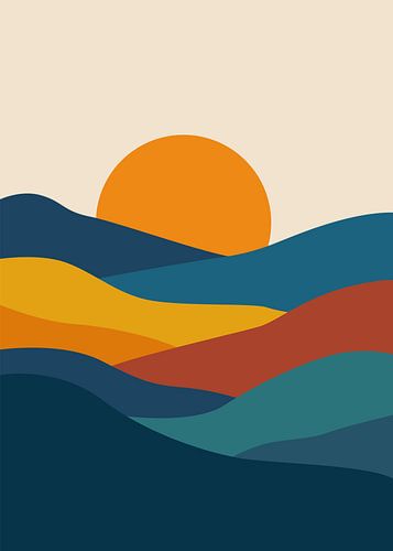 Minimalistische Boho-Landschaftsbilder mit mehrschichtigen Bergen, Sonnen und Erdtönen