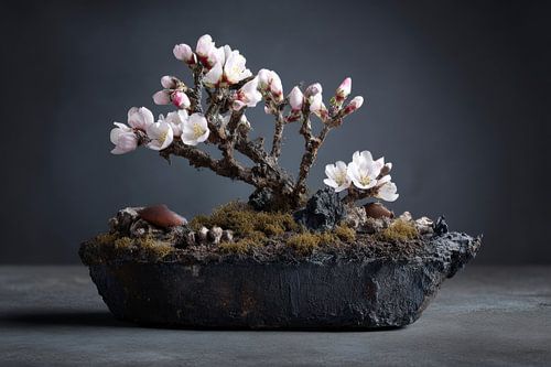 Stilleven  Bonsai met witte bloemen in grijze pot