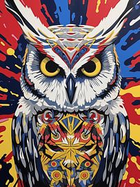 Eule Porträt Wald Ast stilisiert grafisch farbenfroh modern