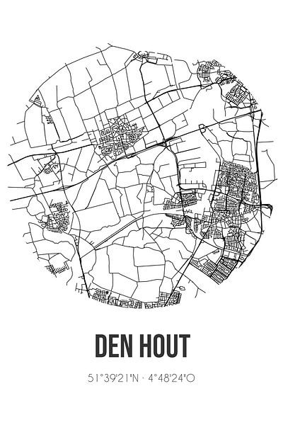 Den Hout (North Brabant) | Map | Black and White by Prints of Place