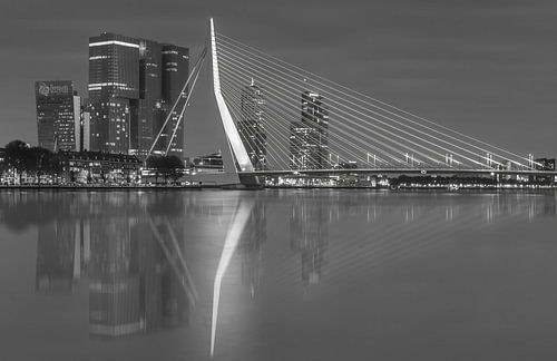 Skyline van Rotterdam met Erasmusbrug in zwart-wit.