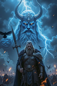 Dark Fantasy Wandbild: VALGRIMAR - Der mächtige Wikinger vor seinem Gott Thor