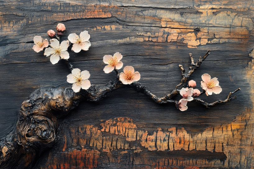 Bonsai Holz Mandelblüte alte industrielle Ocker Farbe von Digitale Schilderijen