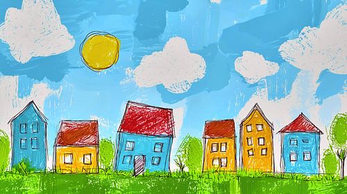 Speelse kindertekening van kleurrijke huizen