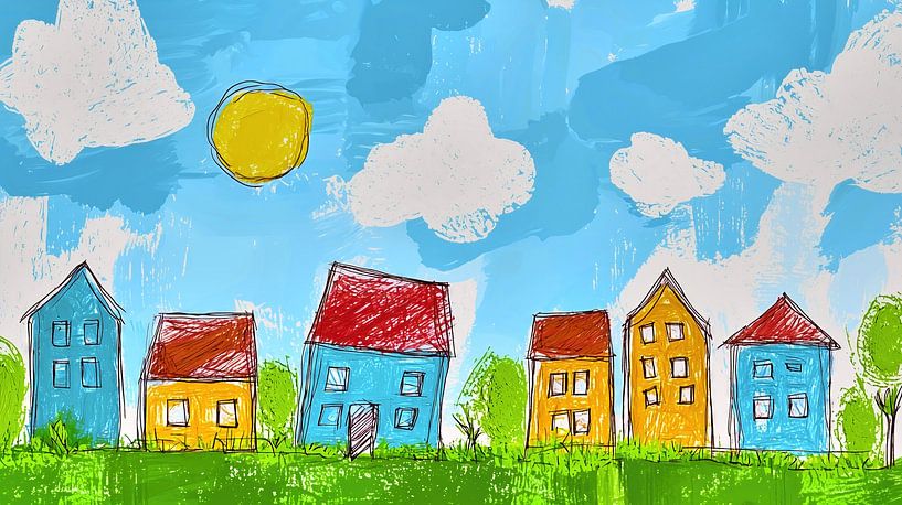 Verspielte Kinderzeichnung bunter Häuser von Frank Heinz