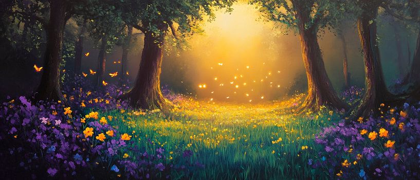 Forêt magique au coucher du soleil par Poster Art Shop