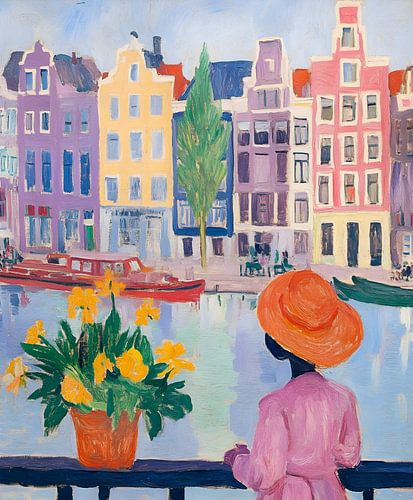 Farbenfrohes Amsterdam: Gemälde von Grachten mit Blumen und einer Frau im Kopf