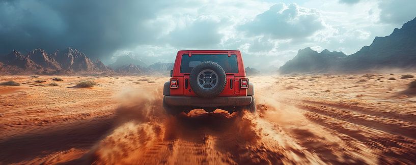 Rode Jeep Wrangler bij zonsondergang in de duinen van Lufy
