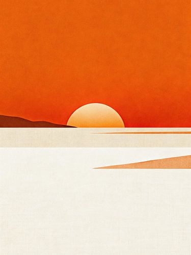 JAPANDI Sunset Horizon - Paysage côtier minimaliste orange brûlé au coucher du soleil