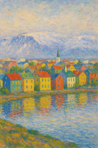 Impressionistisch landschap in Reykjavik - Noorderlicht weerspiegeld