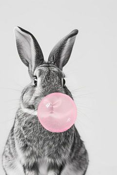 Konijn blaast roze kauwgombel van Felix Brönnimann