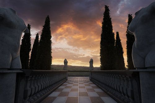 Elegant classic terrace with chequered marble floor and cypress trees overlooking the rolling hills of Tuscany by Besa Art