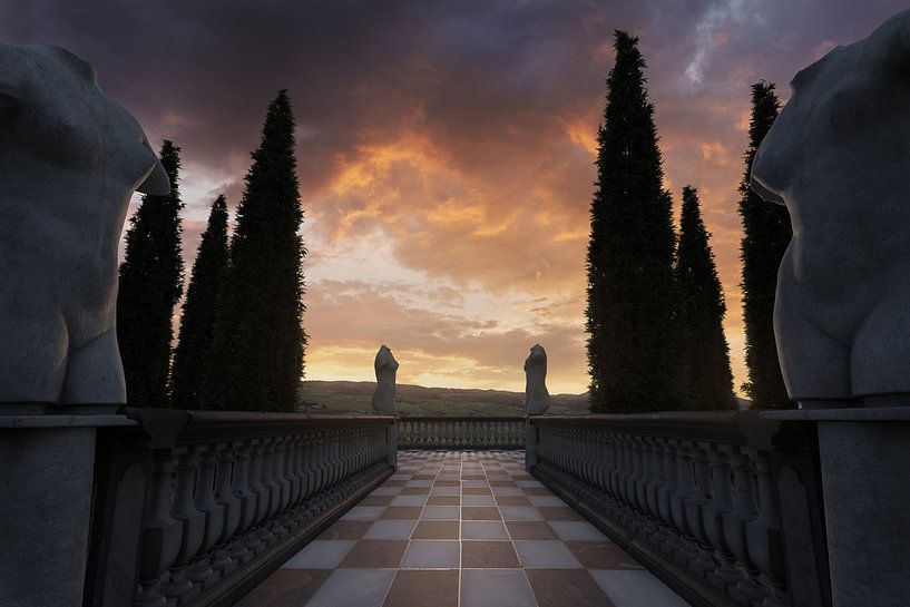 Elegant classic terrace with chequered marble floor and cypress trees overlooking the rolling hills of Tuscany by Besa Art