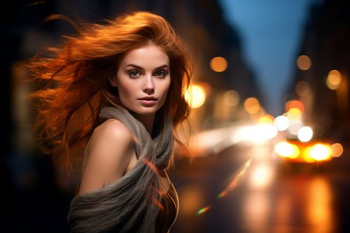 Portrait of a young woman in a busy city