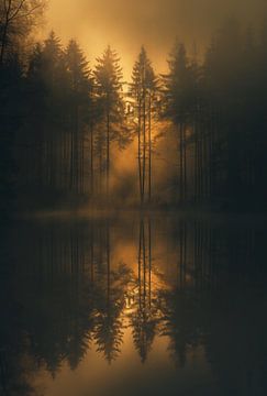 Bos gehuld in mist, zonsopgang van fernlichtsicht