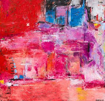 Pink View | Abstract schilderij met roze, rood, paars en blauw van Anja Namink - Schilderijen
