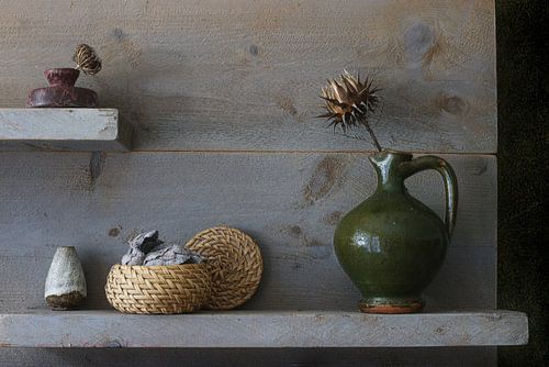 Still life: Old litte vases with dried flowers in Japandi style