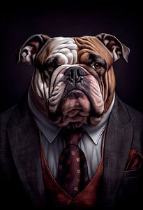 Stattliches stehendes Porträt einer Bulldogge im Anzug