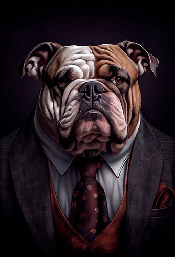 Stately standing portrait of a Bulldog in a suit
