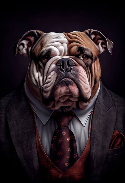 Stattliches stehendes Porträt einer Bulldogge im Anzug von Maarten Knops
