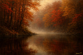Brushstrokes of the Wilderness - Misty Autumn River by Johannas Art Creations