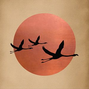 Silhouetten fliegender Kraniche vor einer rot-kupferfarbenen Sonne
