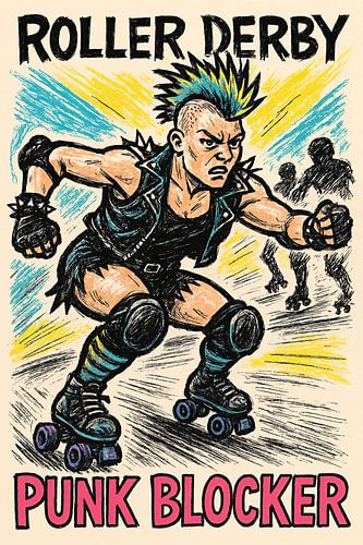 PUNK BLOCKER (roller derby style, ruig, stoer, underground, hanenkam, man, queer, zweden, Oekraine, blauw, geel, poster)