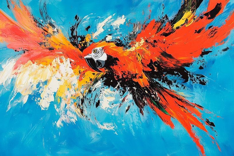 Feuriger Ara im Flug – Dynamisch und Lebendig von Poster Art Shop