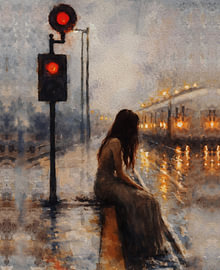 Woman Alone at the Crossing – Rainy City Nightscape Painting by RAMYHEFNY-GALLERY