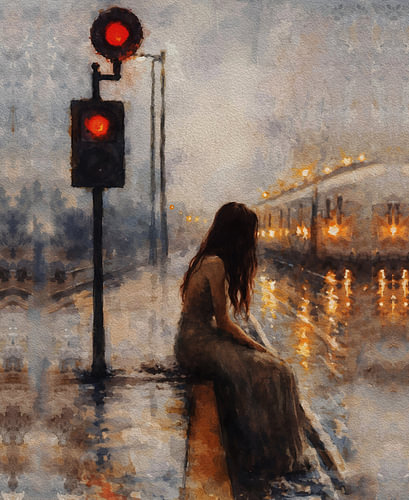 Woman Alone at the Crossing – Rainy City Nightscape Painting