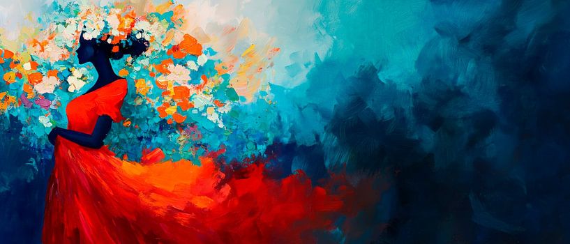 Farbige Frau mit blumenreichem Haar von Poster Art Shop