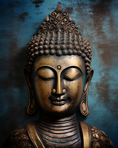 Golden Buddha against a turquoise background