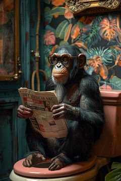 Monkey reading newspaper on toilet - Funny bathroom picture by Felix Brönnimann