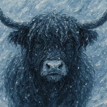 Schotse Hooglander in de sneeuw (dierportret winter schilderij dikke verf textuur krachtig mysterieus kop hoorns) van Natalie Bruns