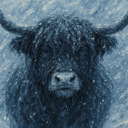 Schotse Hooglander in de sneeuw (dierportret winter schilderij dikke verf textuur krachtig mysterieus kop hoorns)